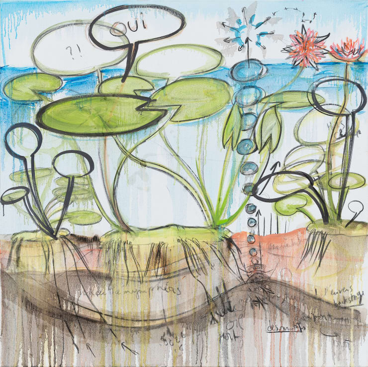 Fabrice Hyber Les dessous , 2024 oil, charcoal and resin on canvas 120 x 120 x 2.5 cm