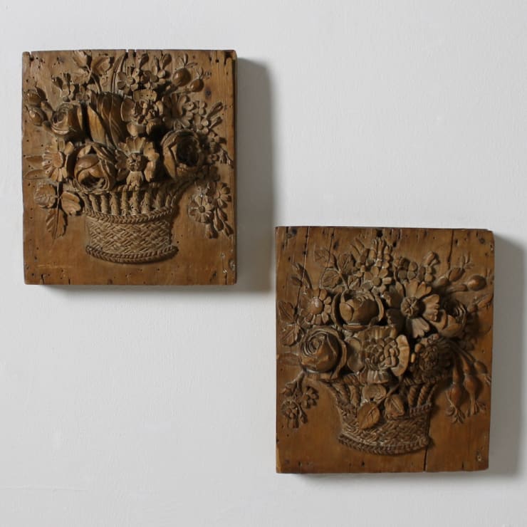 Pair George III Carved Lime Wood Panels Of Baskets Of Flowers ( sold )