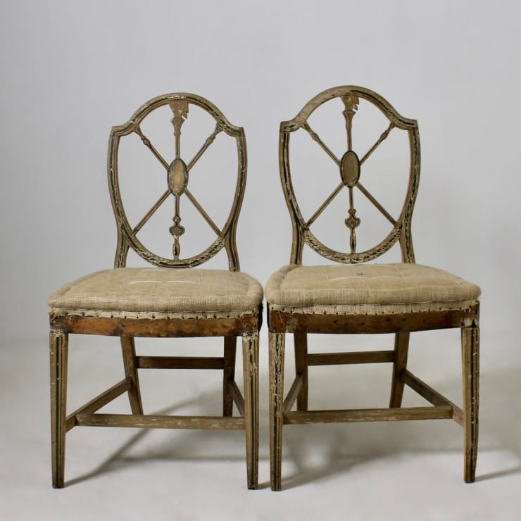 Pair Of George III Original Painted Shield Back Side Chairs ( sold )