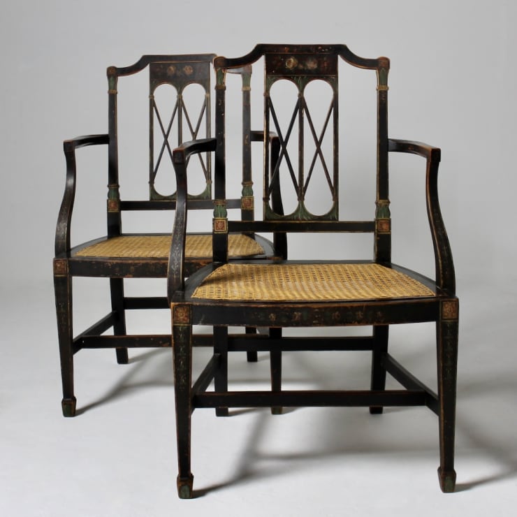 PAIR OF GEORGE III ORIGINAL PAINTED ARMCHAIRS ( sold )