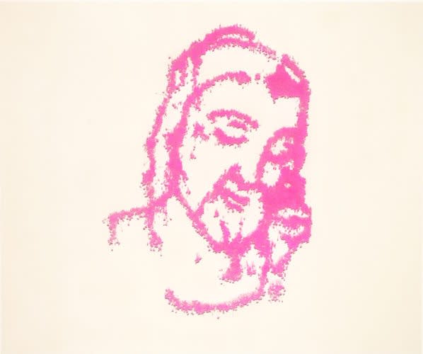Untitled (Head of Christ pink), 2005. Plastic retail fasteners on raw canvas. 5 x 6 feet