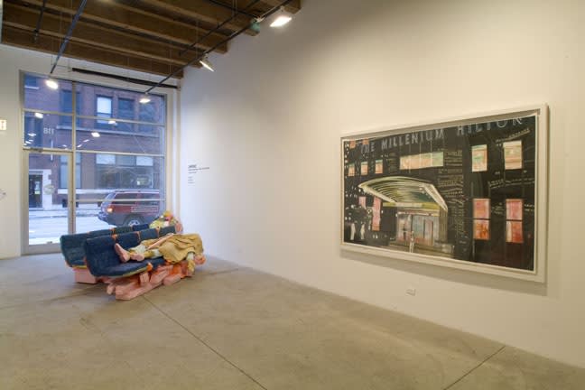 Left to right: Folkert de Jong, Last Boogie Woogie, 2007. Styrofoam, polyurethane foam, 33 x 112 x 115 inches overall. Fendry Ekel, Centry 21, The Scream, 2006. Acrylic and gouache on paper. 61.5 x 100 inches framed.