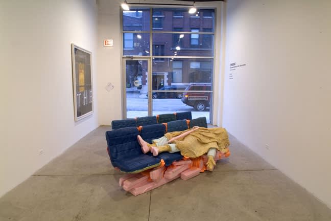 Left to right: Fendry Ekel, The End, 2006. Acrylic and gouache on paper, 101 x 53 inches framed. Folkert de Jong, Last Boogie Woogie, 2007. Styrofoam, polyurethane foam. 33 x 112 x 115 inches overall