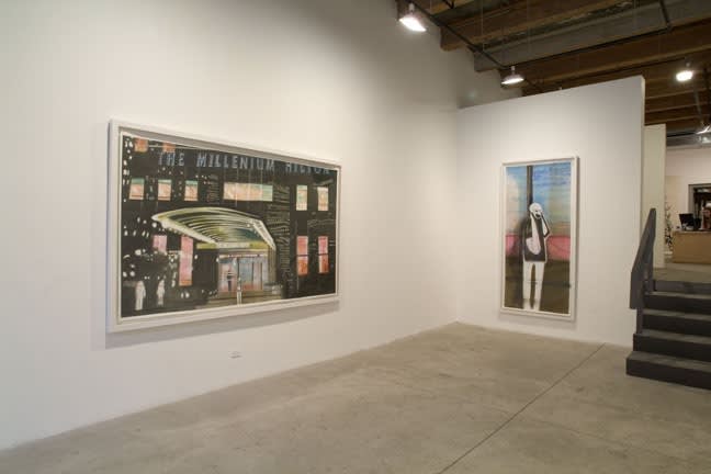 Fendry Ekel. (right to left) Century 21, The Scream, 2006. Acrylic and gouache on paper, 61.5 x 100 inches framed. Century 21, Him, 2006. Acrylic and gouache on paper, 91.75 x 43 inches framed.