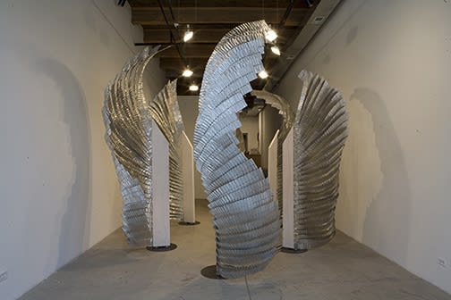 Fuel For Constant Light, 2006. Aluminum, steel, wood, colored light, audio. Six wings, each approximately 114 x 48 x 36 inches. Production support: Brad & Leslie Bucher and Nancy & Gene Hooff Lyrics: Cindy Loehr in collaboration with Chuck Stebelton Vocals: Carlos Lama, cello: Ray Chi; title by Peter O'Leary