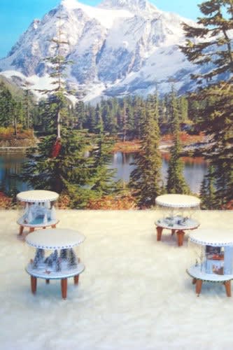 Alexa Horochowski Winter Wonderland series (city park, ice fishing, ghetto apt.), 2001 Ottomans, mixed-media , 16 x 16 x 16 inches.