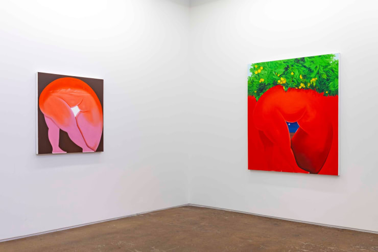 From left, Installation view of BRITTNEY LEEANNE WILLIAMS, “Into Victorville,” 2019 (oil on canvas, 36 x 36 inches / 91.4 x 91.4 cm) and “Lemon Tree,” 2019 (oil and acrylic on canvas, 67 x 55 inches / 170.2 x 139.7 cm)