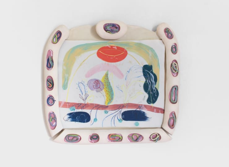 Andrea Clark, Flower 1 with Frame, 2018, 2021, porcelain with stoneware frame and porcelain elements, glaze, 16 x 17.25 x 2 inches