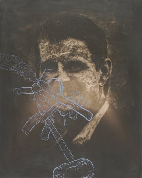 Brian Novatny figure political painting on faux photo on panel