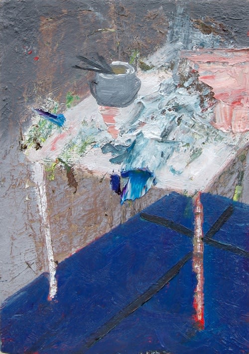 Mary Addison Hackett, "Palette with Blue Linoleum", 2011, oil on linen on panel, 7 x 5 inches