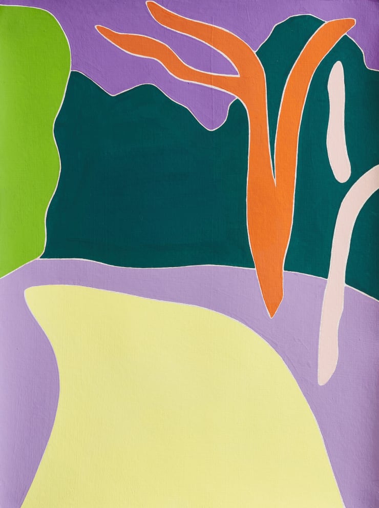 Path in Cream with Split Trees and Violet Sky (Upstate NY), 2022 Gouache and pencil on paper 48 x 36 cm . / 19 x 14 in.