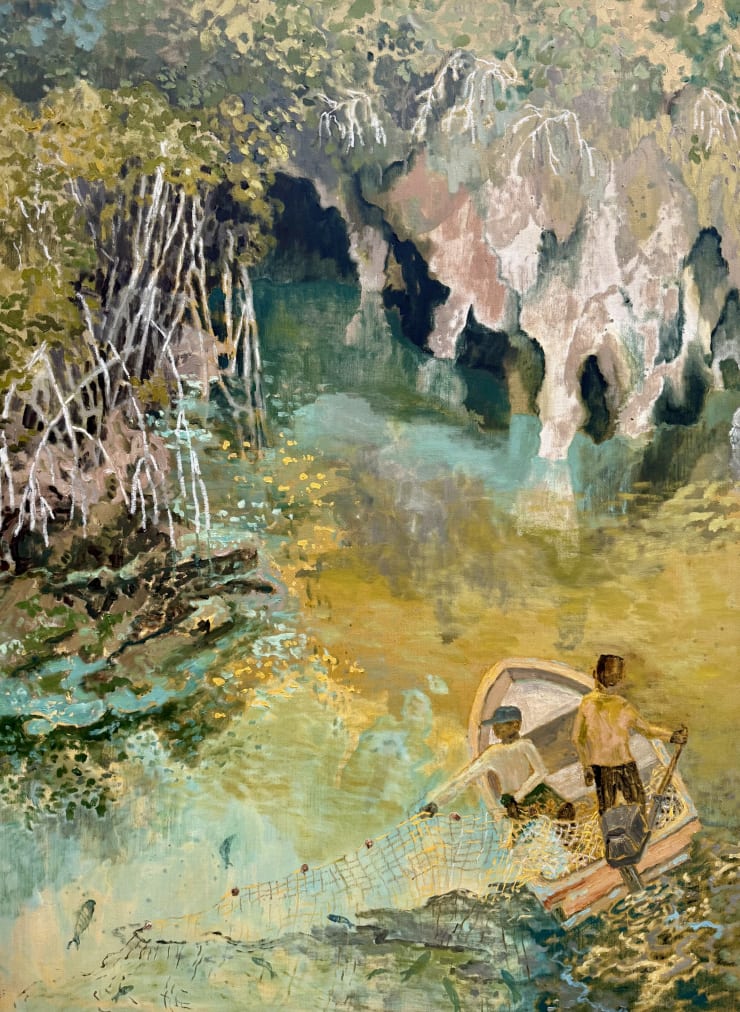 Meg Walters Fishing at High Tide, Blue Hole Oil, Oil Stick on Linen Canvas 102 x 152cm SOLD