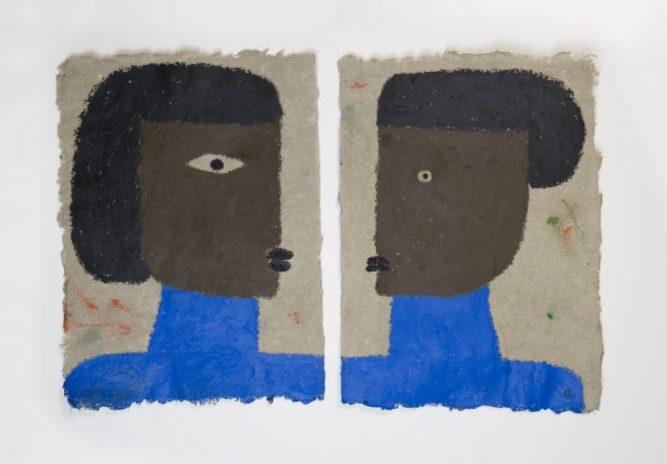 HERMENTAIRE Blue Twins Oil Pastel on Linen Paper Paper Size: 19 x 26cm each Frame Size: 35 x 50cm Custom Frame with Art Glass SOLD