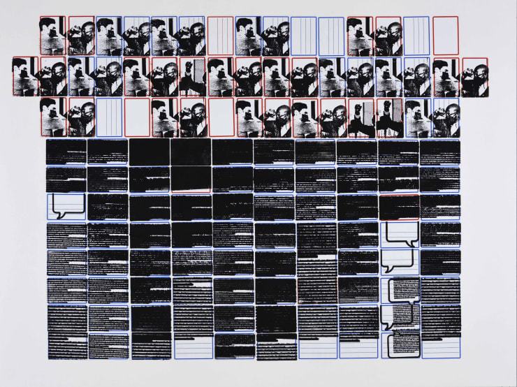 Warnock e Ossof, from pesquisa escolar series, 2021 stamp (graphic ink) on label and cardboard 76 x 102 cm | 29.9 x 40.2 in