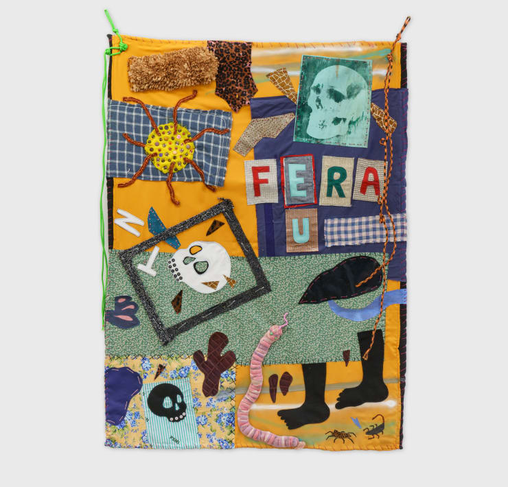 Meu pai me deu a fome e a coragem dos bichos do deserto, from Do pouco que eu sei series, 2021 ropes, silkscreen, sewing, embroidery, painting and photographic print on fabric 218 x 160 cm | 85.8 x 63 in