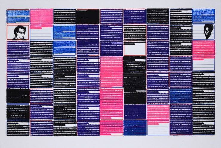 Clarice e Carolina, from pesquisa escolar series, 2021 stamp (graphic ink) on label and cardboard 50,5 x 76 cm | 19.9 x 29.9 in