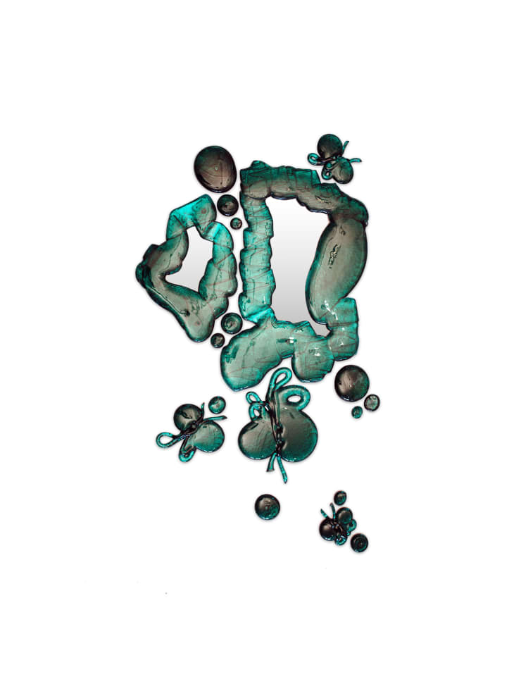 Rob Wynne “Dark Green Spirit”, 2024 vidro derramado e espelhado poured and mirrored glass 86,5 x 71 cm 34 x 28 in