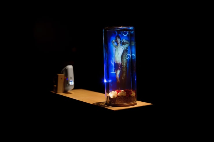 Eder Santos São Sebastião, 2016 Mini projetor, caixa de madeira, redoma de vidro, vidro com filme adesivo para retroprojeção, base de ferro, almofada de veludo vermelho e base de pedra para almofada Mini projector, wooden box, glass dome, glass with adhesive film for rear projection, iron stand, red velvet cushion, stone base for the cushion 115 x 15 x 50 cm | 45.28 x 5.9 x 19.68 in