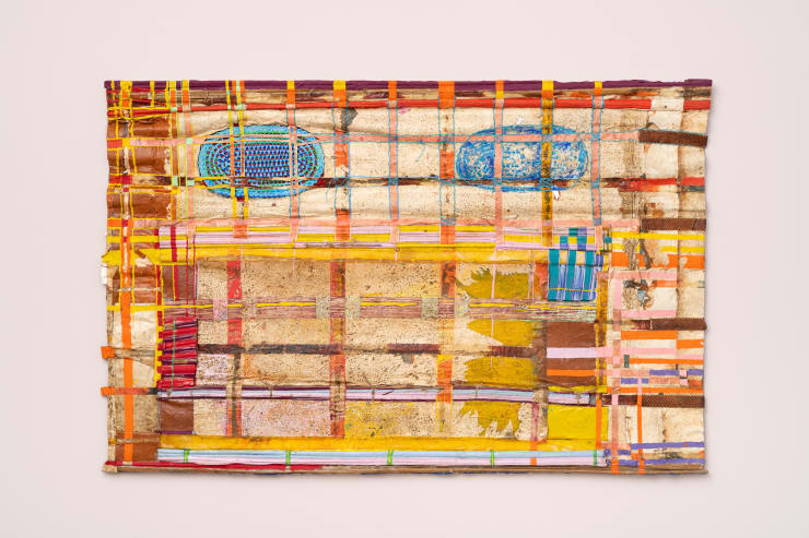 Delson Uchôa “Platibanda escotilha”, 2023 resina em pigmento de tinta acrílica desidratada sobre piso de barro batido dehydrated acrylic paint resin on beaten clay floor and plant fiber 123 x 181 cm 48.42 x 71.25 in