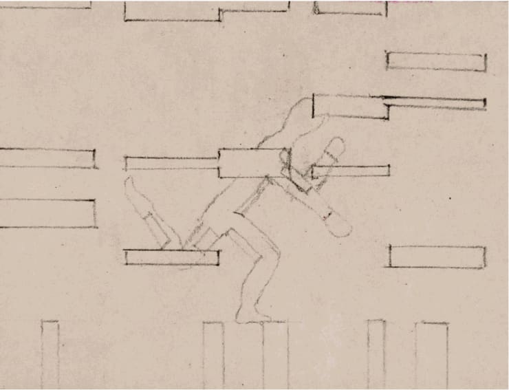 Analivia Cordeiro 0°‹—›45° version I Scene and costume sketch II Possibility 5, 1974 lápis sobre papel pencil on paper 9,5 x 7 cm 3.74 x 2,75 in