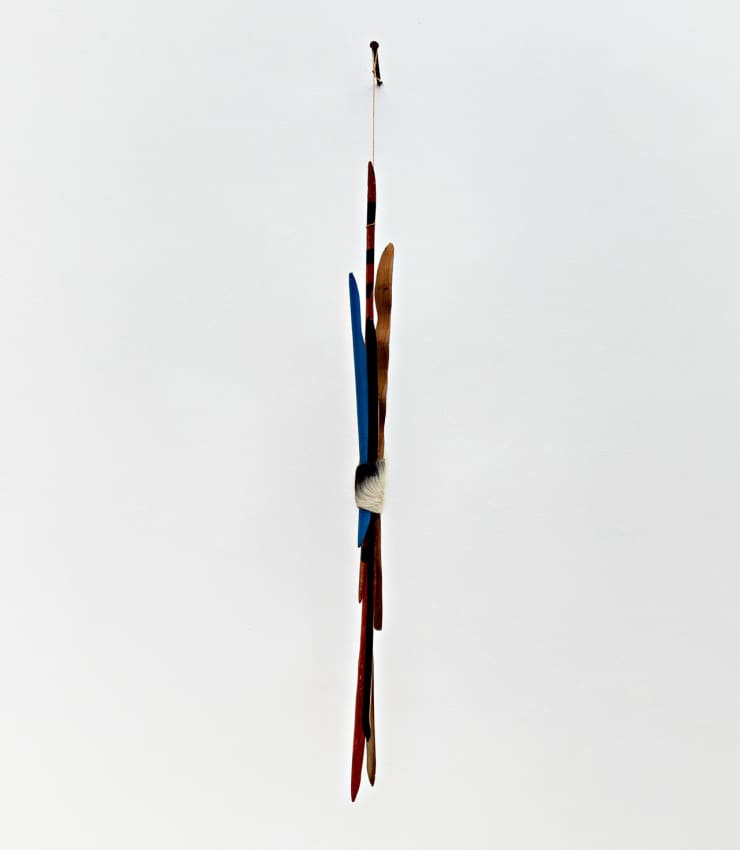 Afonso Tostes Sem título | Untitled, 2022/2023 madeira, PVA sobre madeira, couro e ráfia wood, PVA on wood, leather and raffia 117 x 8 x 4 cm 46.06 x 3.15 x 1.57 in