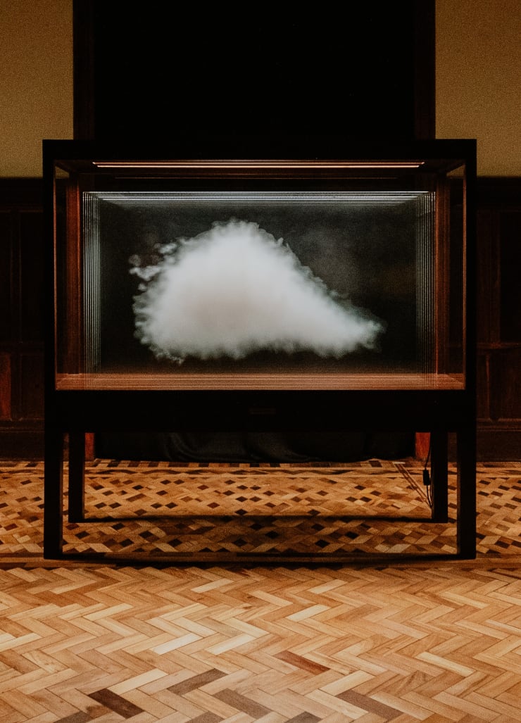 Leandro Erlich The Cloud - América del Sur, 2018 placas de vidro UtraClear impressas com tinta cerâmica, vitrine de metal e madeira, luzes de led extra clear glass, ceramic ink digital printing, wooden wengue vitrine, led lights 199,5 x 205 x 81 cm 78.54 x 80.71 x 31.89 in