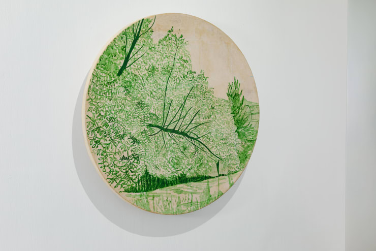 PRANEET SOI View onto Shankaracharya Temple (Srinagar), 2024 Handmade papier-mache tile, acrylic paint and UV matt varnish 25 in diameter 63.5 cm diameter (PS088)