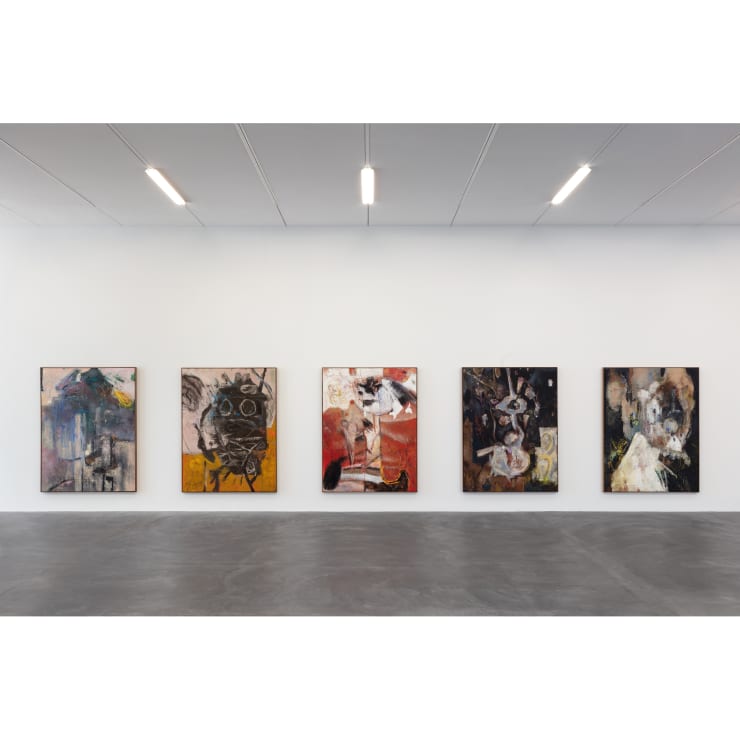 View of “Christopher Kulendran Thomas: FOR REAL,” 2023, Kunsthalle Zürich. From left: dataset#2-run#8-network_010996-seed_1112.png, 2021; dataset#2-run#5-network_010252-seed_0123.png, 2023; dataset#1-run#2-network_010252-seed_0442.png, 2021; dataset#1-run#3-network_010252-seed_3109.png, 2022; dataset#1-run#8-network_010996-seed_1503.png, 2021. Photo: Andrea Rossetti and Héctor Chico.