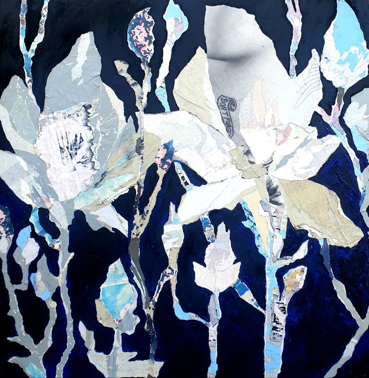 Victoria Twitchin Urban Magnolias Street posters and acrylic on canvas 110 x 110cm