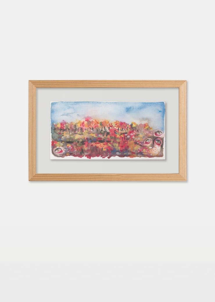 Vibrant red autumn landscape painting by Alymamah Rashed with multiple eyes gazing through the terrain.