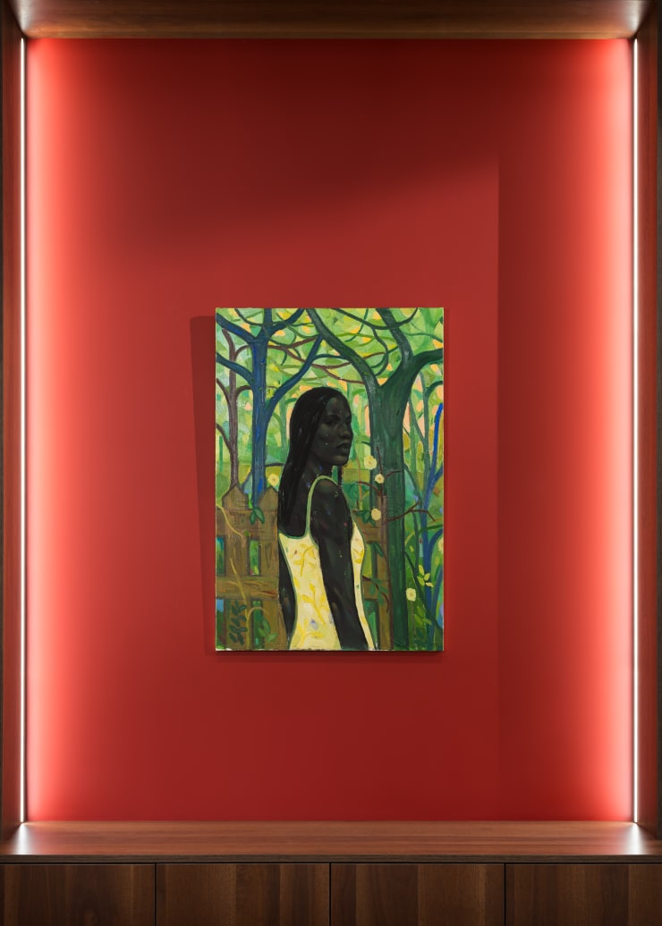 Exhibition view of A Song Beneath the Branches by Stephen Price at Galerie REVEL, showing a woman in a yellow dress surrounded by dense green foliage