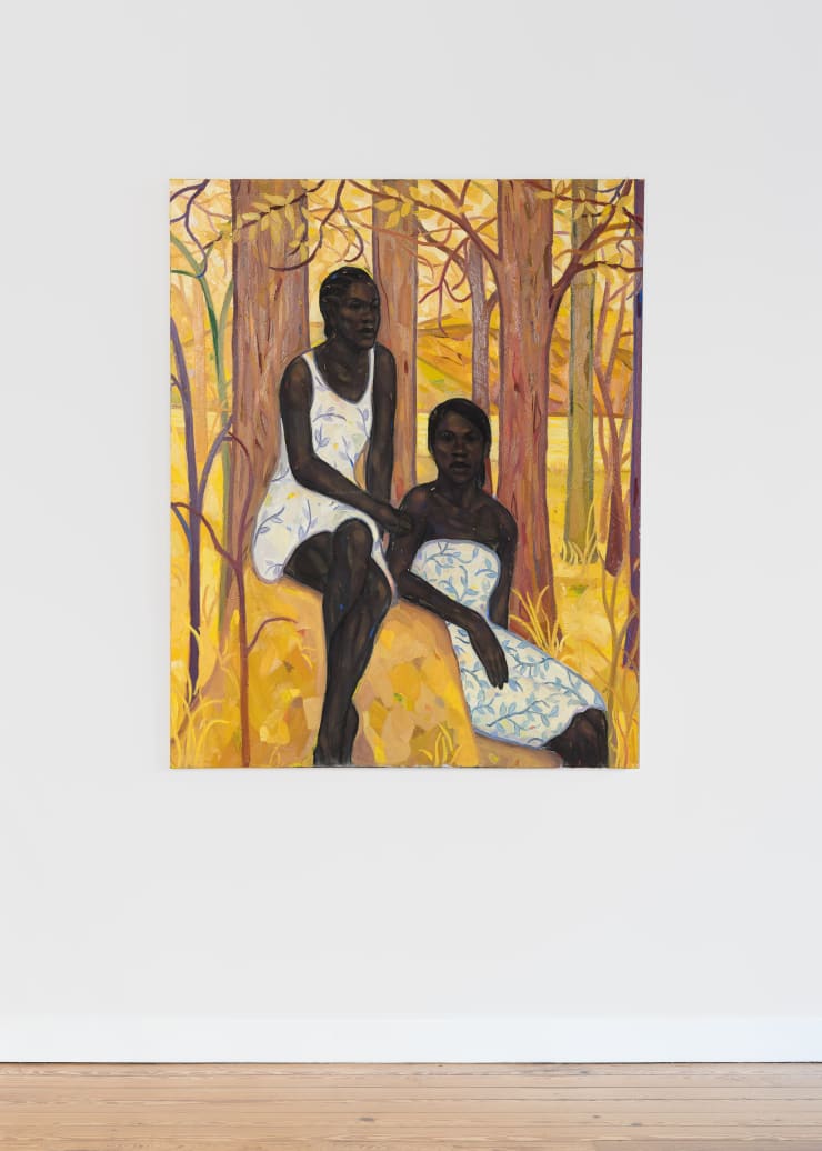 Installation view of “Between Us” by Stephen Price at Galerie REVEL, featuring a dual portrait of two Black women in a golden forest