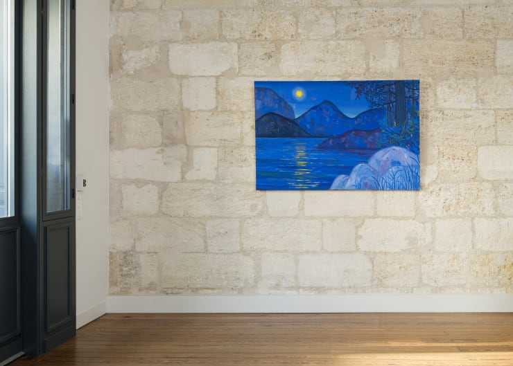 Installation view of “The Moon Was But A Chin Of Gold” by Stephen Price at Galerie REVEL, featuring a moonlit landscape in deep blues