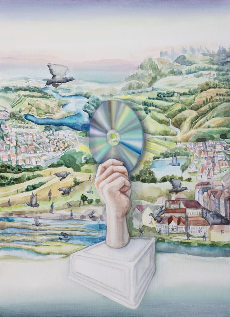 Katarzyna Wyszkowska Pomnik ręki trzymającej płytkę DVD z danymi osobowymi wszystkich Polek i Polaków, 2024 Oil on canvas 110 x 80 cm | 43 1/4 x 31 1/2 in