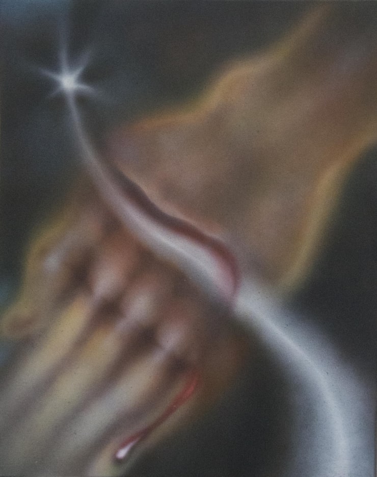 Veronika Hapchenko, płyn, krew, 2022, farba akrylowa i tusz kreślarski na płótnie, 60x50 cm