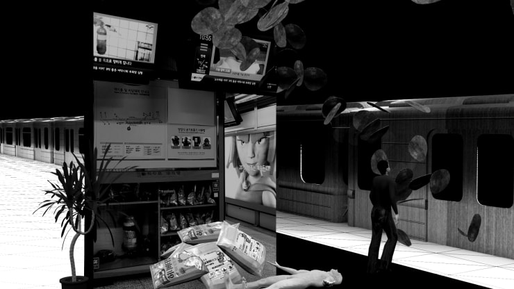 Heecheon Kim, LIFTING BARBELLS (VIDEO STILL), 2015. SINGLE-CHANNEL VIDEO, HD, B&W, STEREO SOUND, 21 MIN.
