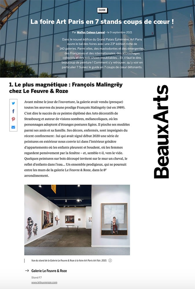 François Malingrëy, coup de cœur des Beaux-Arts Magazine