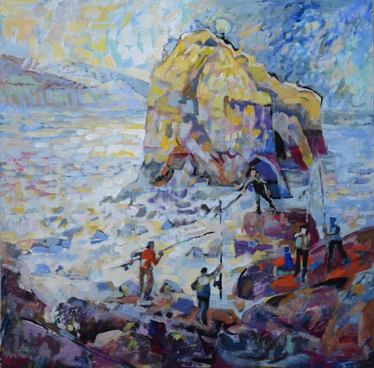 Erik Sandgren, Fishermen Perched by the Sea in Afternoon Light