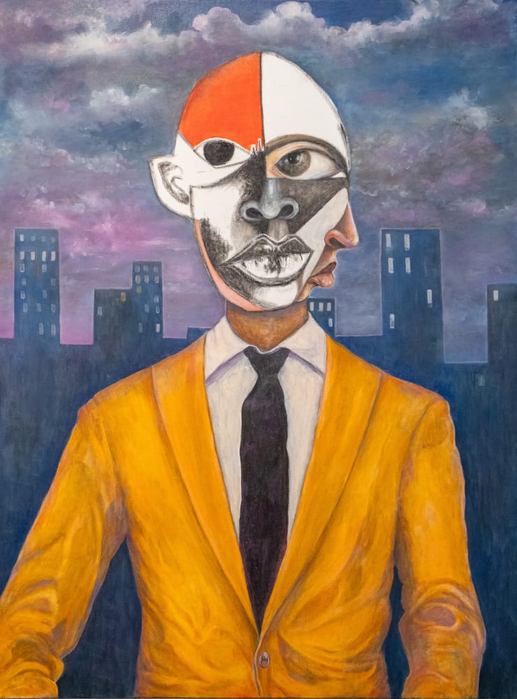 "The Mask We Wear" Mix media , Oil and acrylic 18 x 24 I 2024