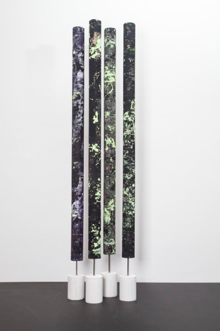 MICHAEL STRASSER Yellow Universe (Pole Paintings 025-028), 2022 Acrylic, wood, concrete, steel 175 x 10 cm