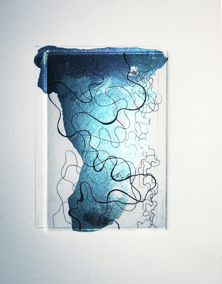 Blue Funnel 300, copperplate engraving with metal leaf, 4.25 x 3.25 in, 2023