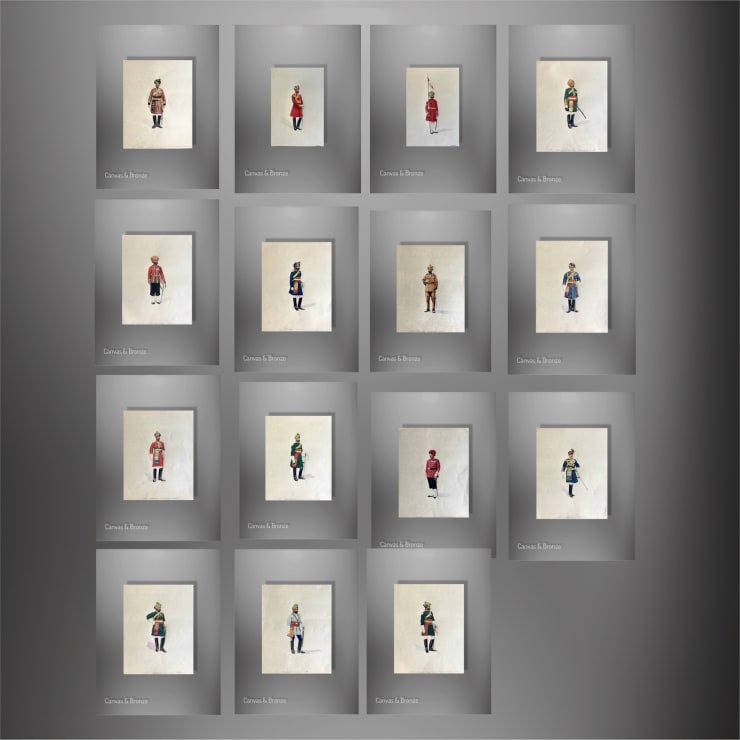 Sixteen framed artworks featuring various figures in traditional attire displayed on a gray wall.