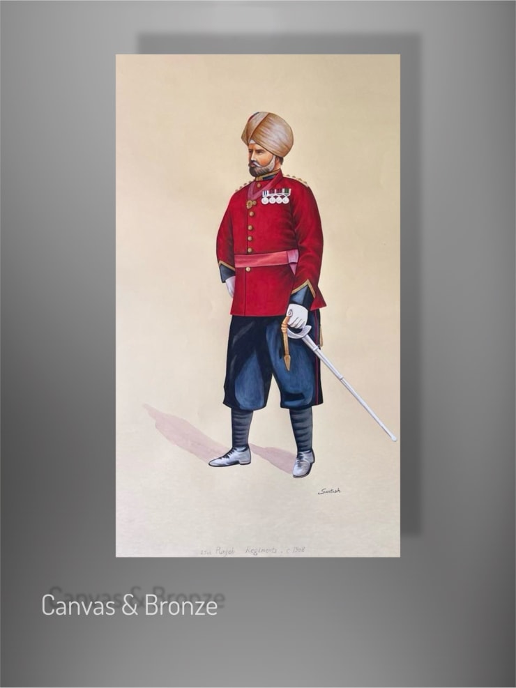 Painting of a regal figure in traditional military attire with a turban and ceremonial sword, showcasing rich cultural heritage and historical narrative.