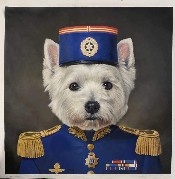 Oil painting titled 'The F1 Racer Westie Terrier' a striking original oil on canvas