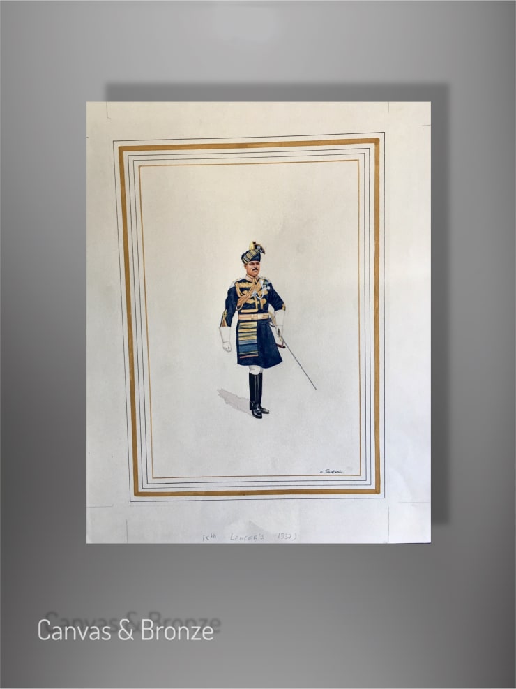 Illustration of a historical figure in a blue and gold uniform with a sword, set against a minimalist background with a decorative border.