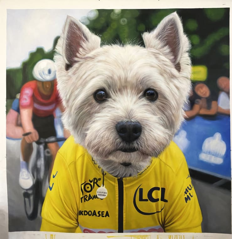Oil painting titled 'The F1 Racer Westie Terrier' a striking original oil on canvas
