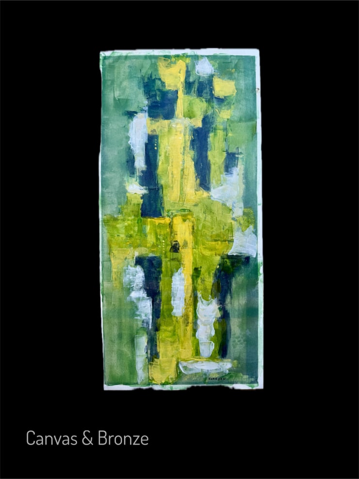 Abstract painting with bold brushstrokes in yellow, blue, and green on a vertical canvas, showcasing a modern artistic style.