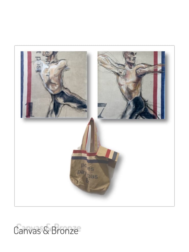 A diptych featuring expressive, stylized male figures in dynamic poses with a beige background, accompanied by a canvas tote bag with red and blue stripes and the text "poes paybas."