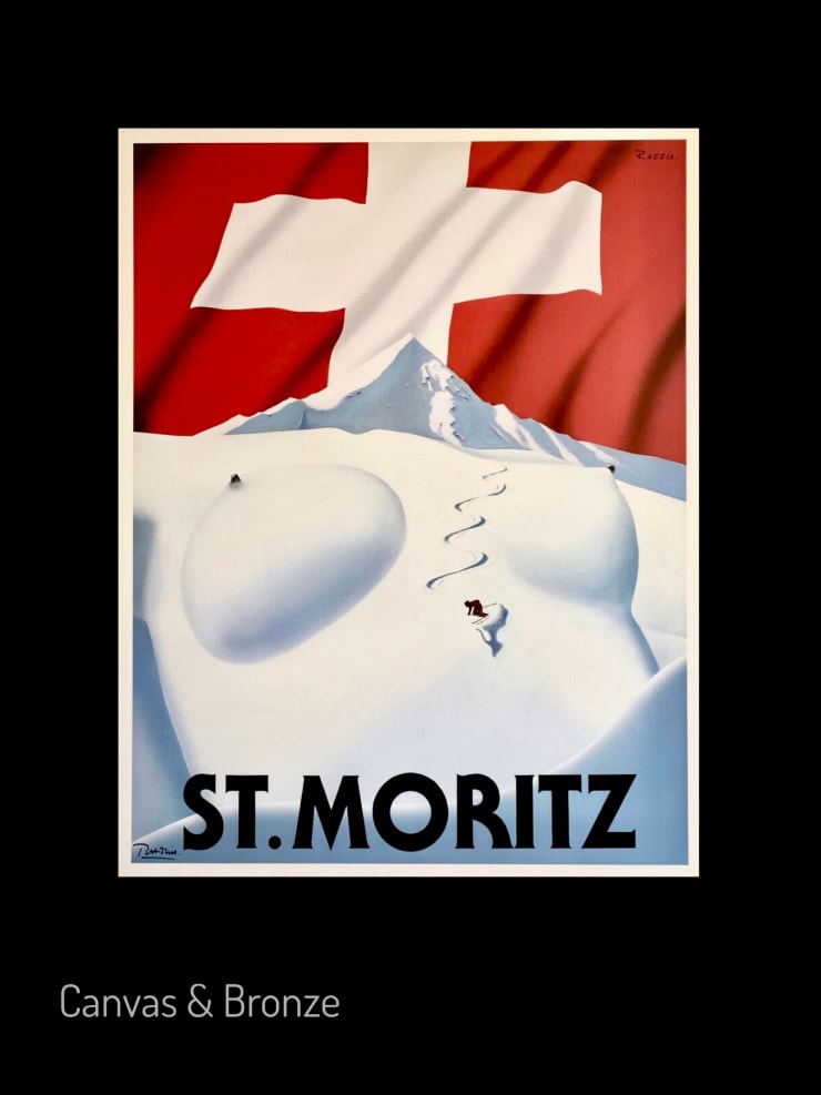 St. Moritz poster by Razzia featuring a skier on snowy slopes with a red and white Swiss flag in the background.