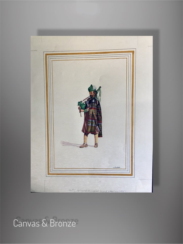 Artwork featuring a figure in traditional attire playing a bagpipe, set against a minimalist background with a decorative border.